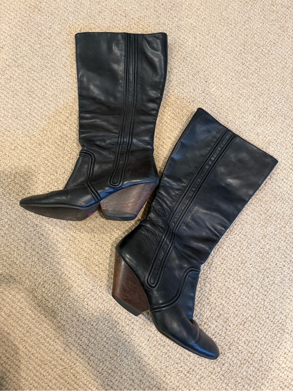 Camper Black Leather Mid-Calf Wooden Block Heel Boots